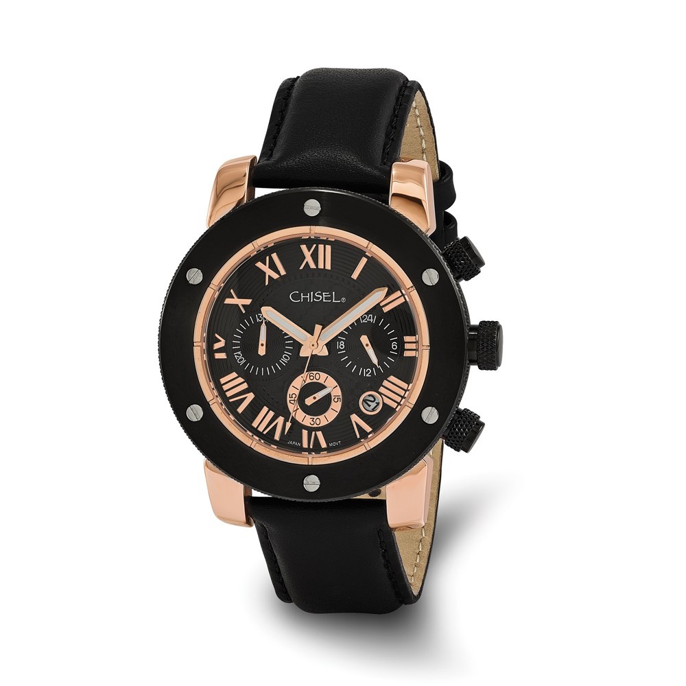 Mens Chisel Rose IP-plated Black Dial Chronograph Wrist Watch, 9 inch Length